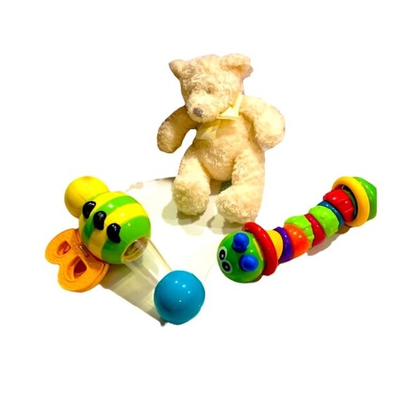 Set of 3 BABY Infant RATTLES Toys Teddy Bear Bumblebee Worm - Picture 1 of 8